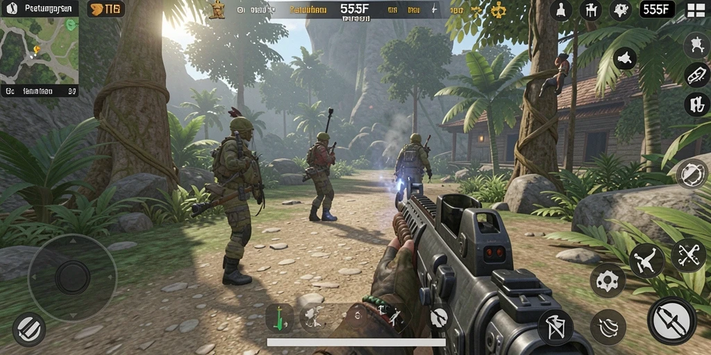 Tangkapan layar gameplay 555F yang menampilkan aksi TPS mendebarkan.