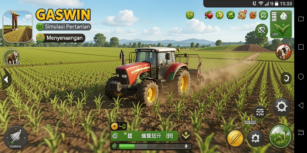 Gameplay GASWIN dengan grafis pertanian yang menarik dan interaktif.