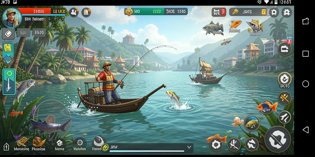Screenshot gameplay JKT8 menunjukkan aksi memancing yang seru.