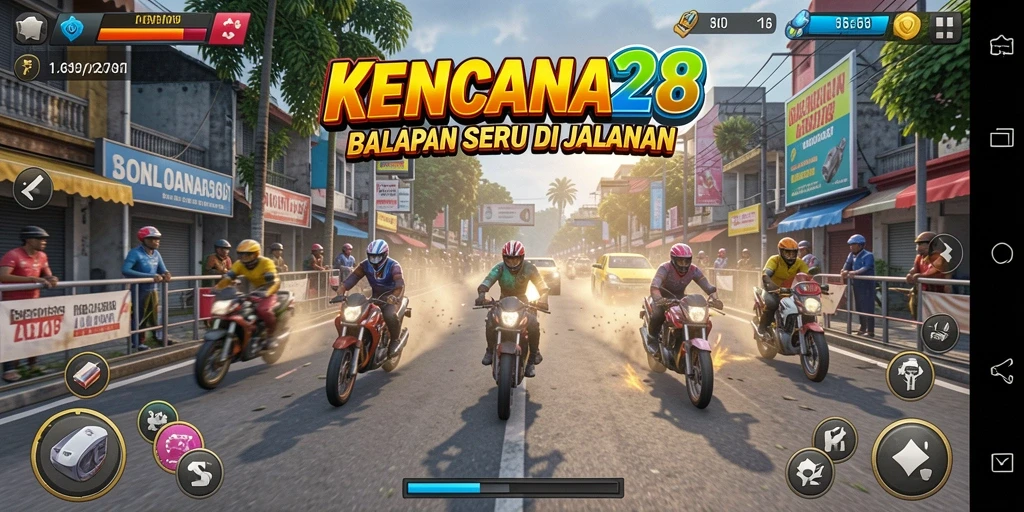 Tampilan gameplay seru dalam balapan KENCANA28 yang mendebarkan.