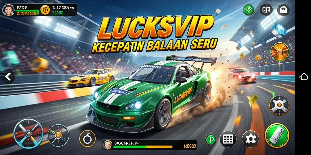 Tampilan gameplay menegangkan dalam LUCKSVIP dengan mobil balap yang beraksi.