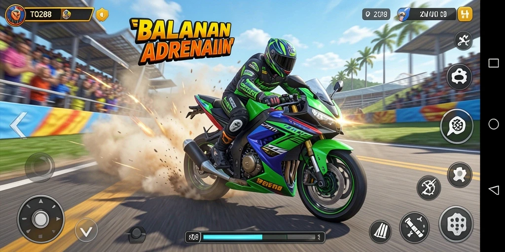 Gameplay balapan motor yang seru dan mendebarkan.